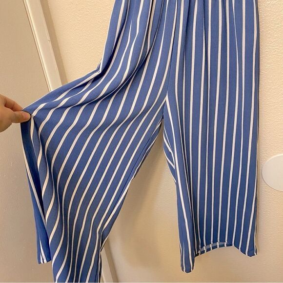 Blue minimal Stripe Culotte Jumpsuit off shoulder romper blue coastal preppy S - Picture 4 of 10
